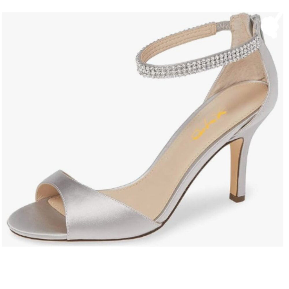XYD Silver Grey Open Toe Rhinestones Ankle Strap Sandal High Heel Bridal Shoes
